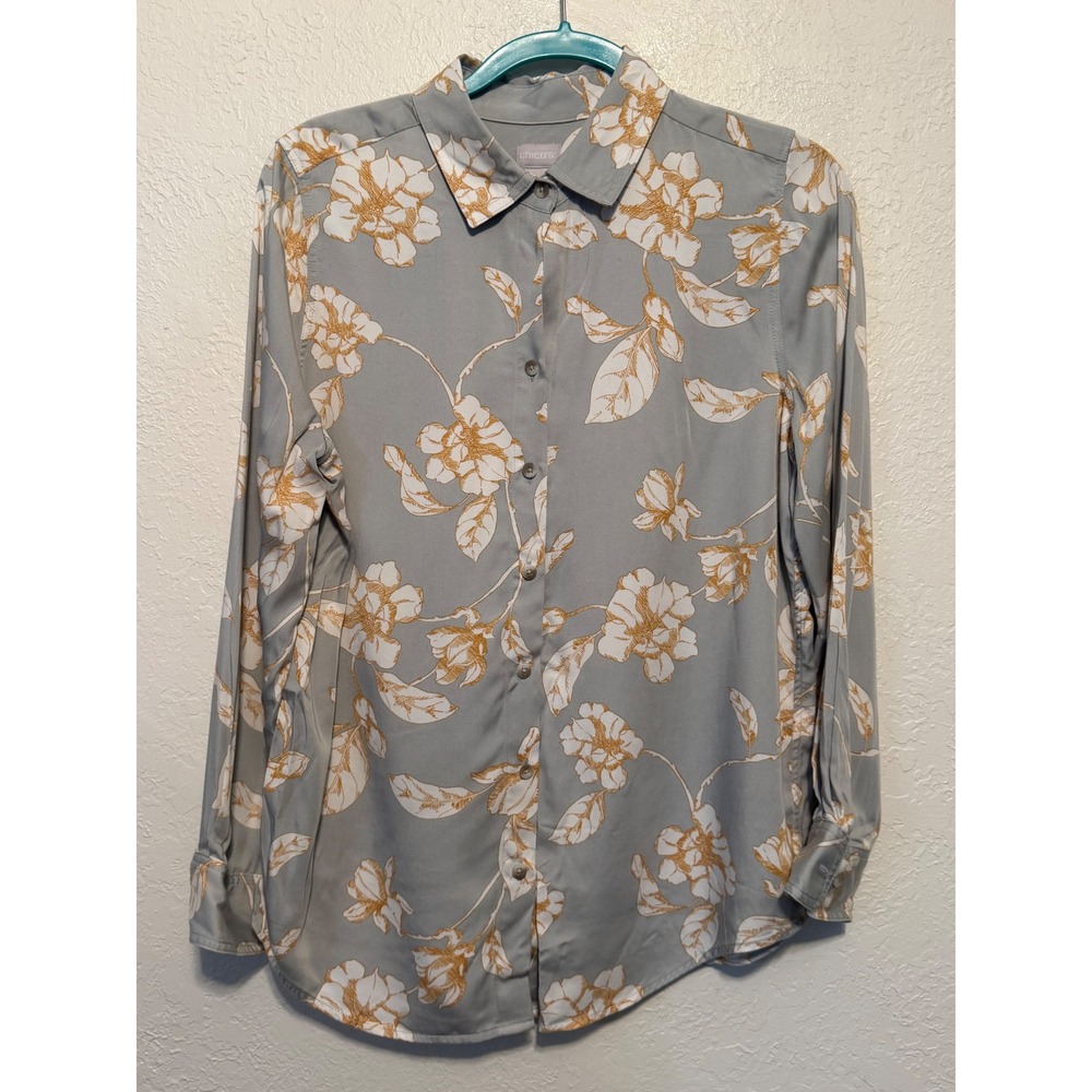 Chicos Floral Modal Button Down Shirt Size 1 Medium 8/10 Gray Yellow Long Sleeve